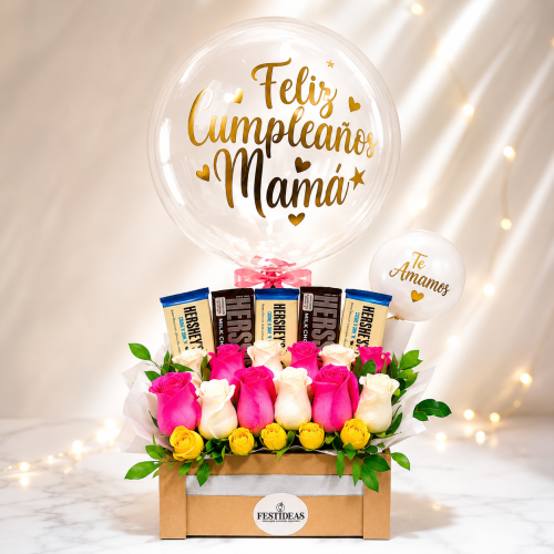 Arreglo Feliz Cumpleaños Mamá con Rosas y Chocolates