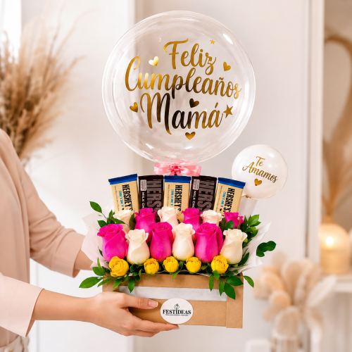 Arreglo Feliz Cumpleaños Mamá con Rosas y Chocolates