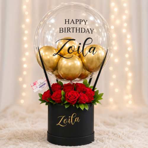 Box de Cumpleaños con Rosas y Globo Burbuja